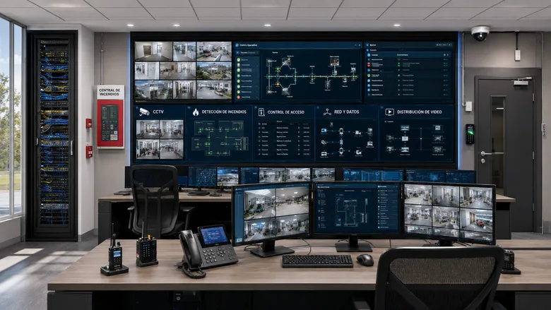 Fotografía — centro técnico con CCTV, rack y sistemas de supervisión